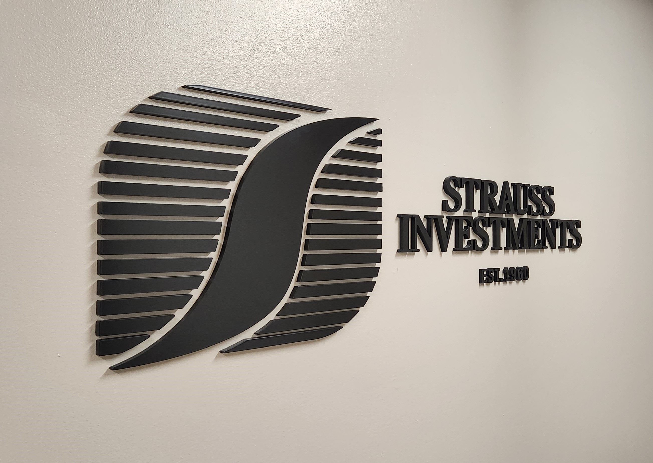 Strauss Investments acrylic dimensional lettering and graphics for wall sign