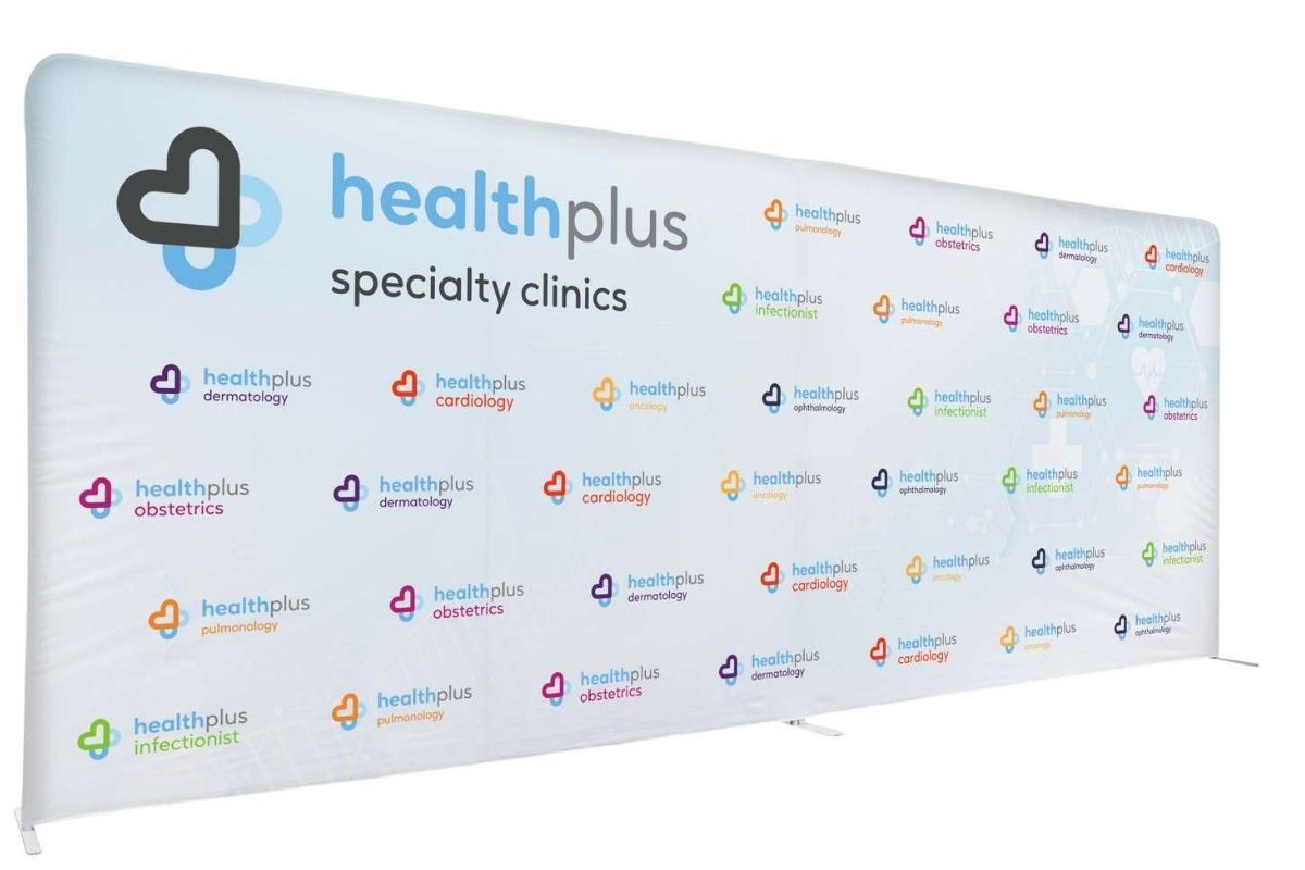 Custom step and repeat banner at corporate event in Carmel Indiana