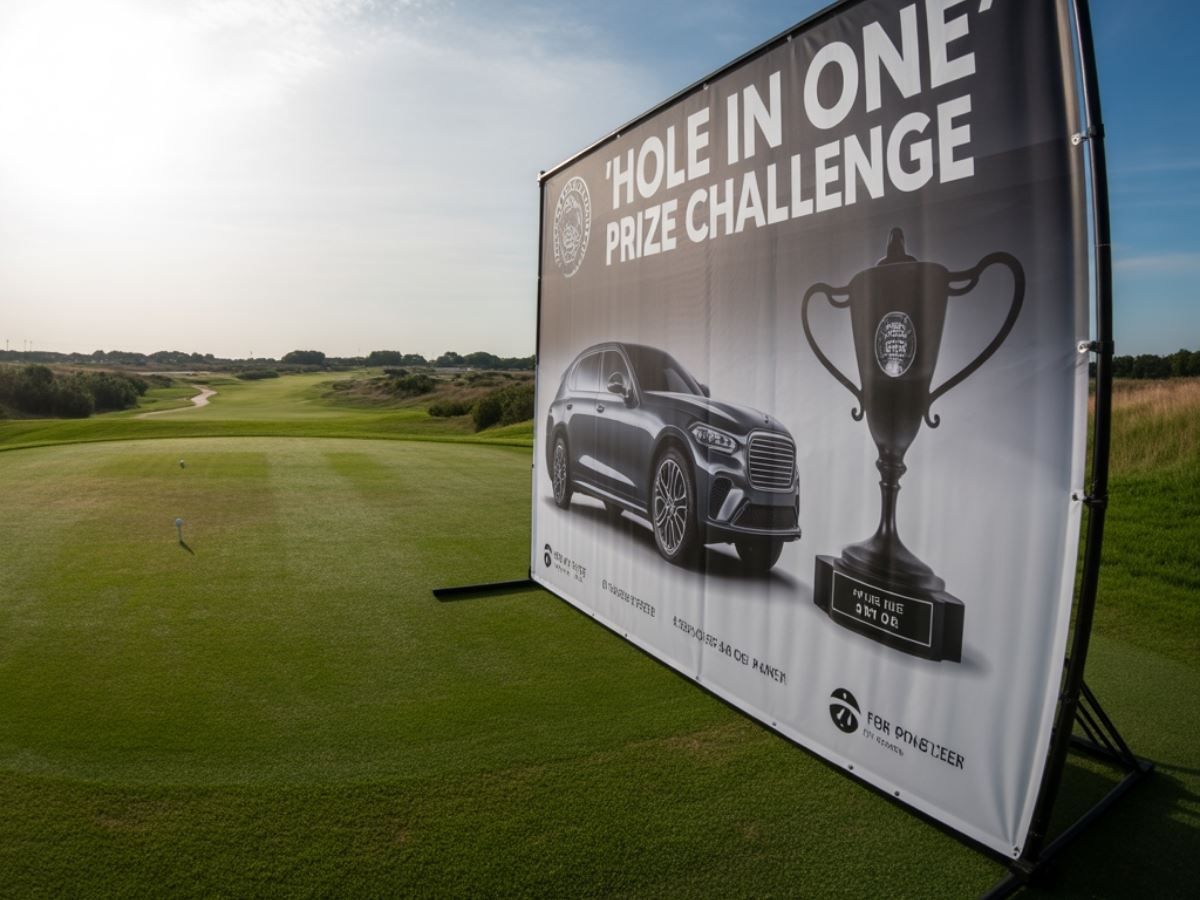 Hole-in-one contest signage and prize display board printed for a charity golf outing in Carmel Indiana by AlphaGraphics Carmel