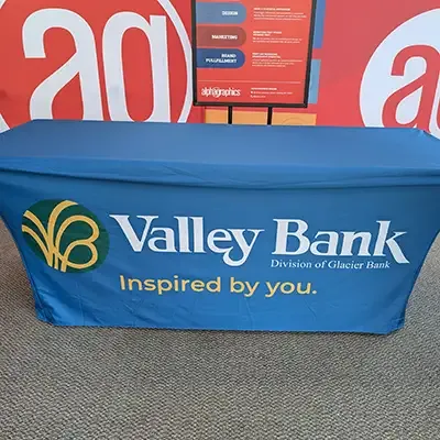 branded table cloth at AlphaGraphics Helena