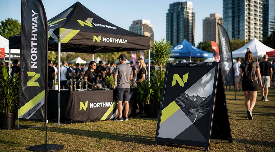 Outside event space with people walking around a feather flag, canopy, and a-frame sign. 