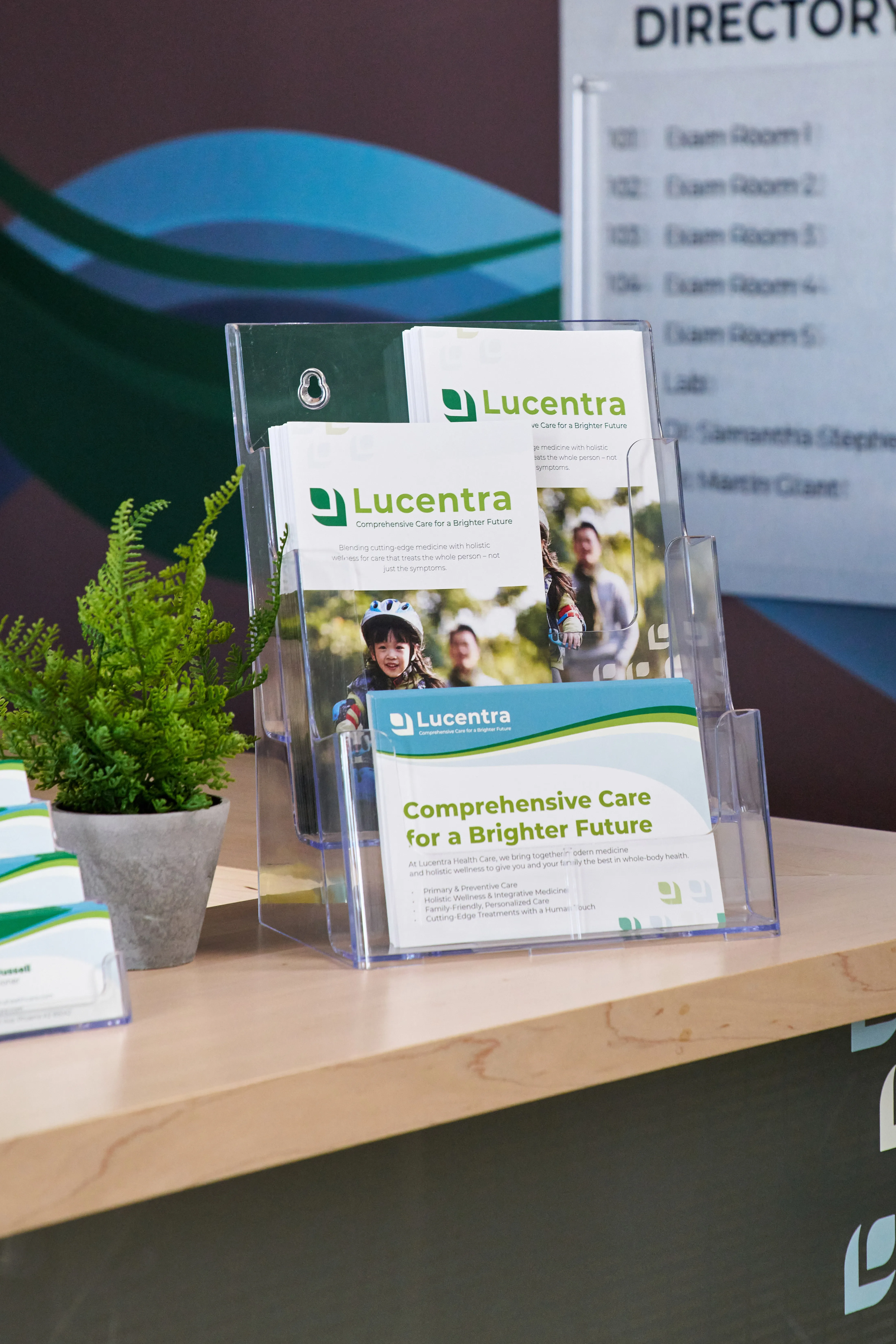 Healthcare brochures and printed materials displayed in a medical office reception area.
