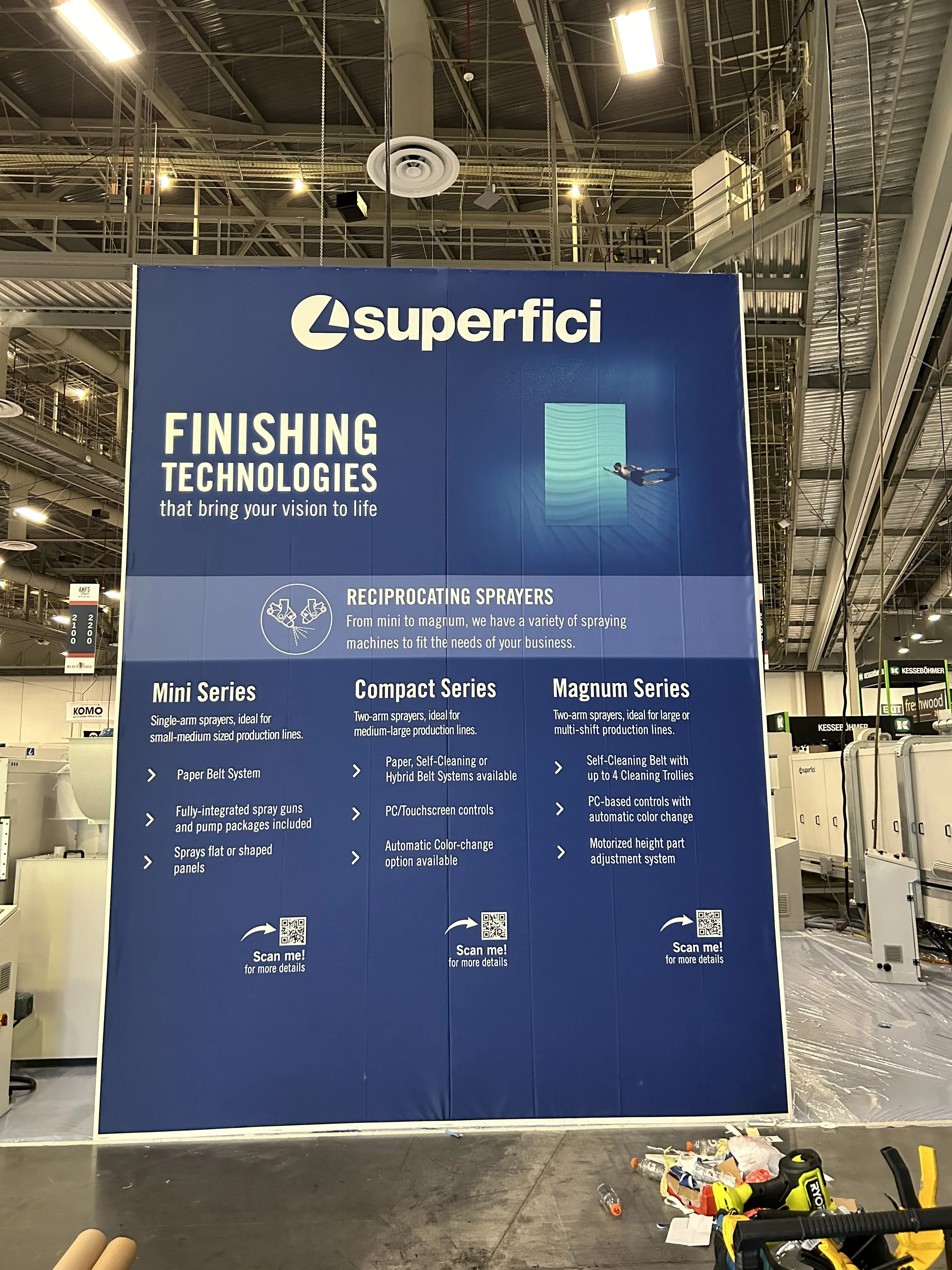 Superfici backdrop display listing mini, compact, and magnum series equipment.
