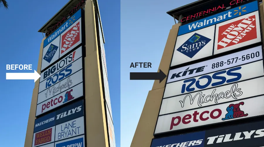 Before and after view of updated polycarbonate tenant signage