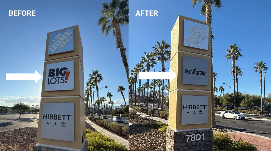 Before and after comparison of refurbished retail pylon sign