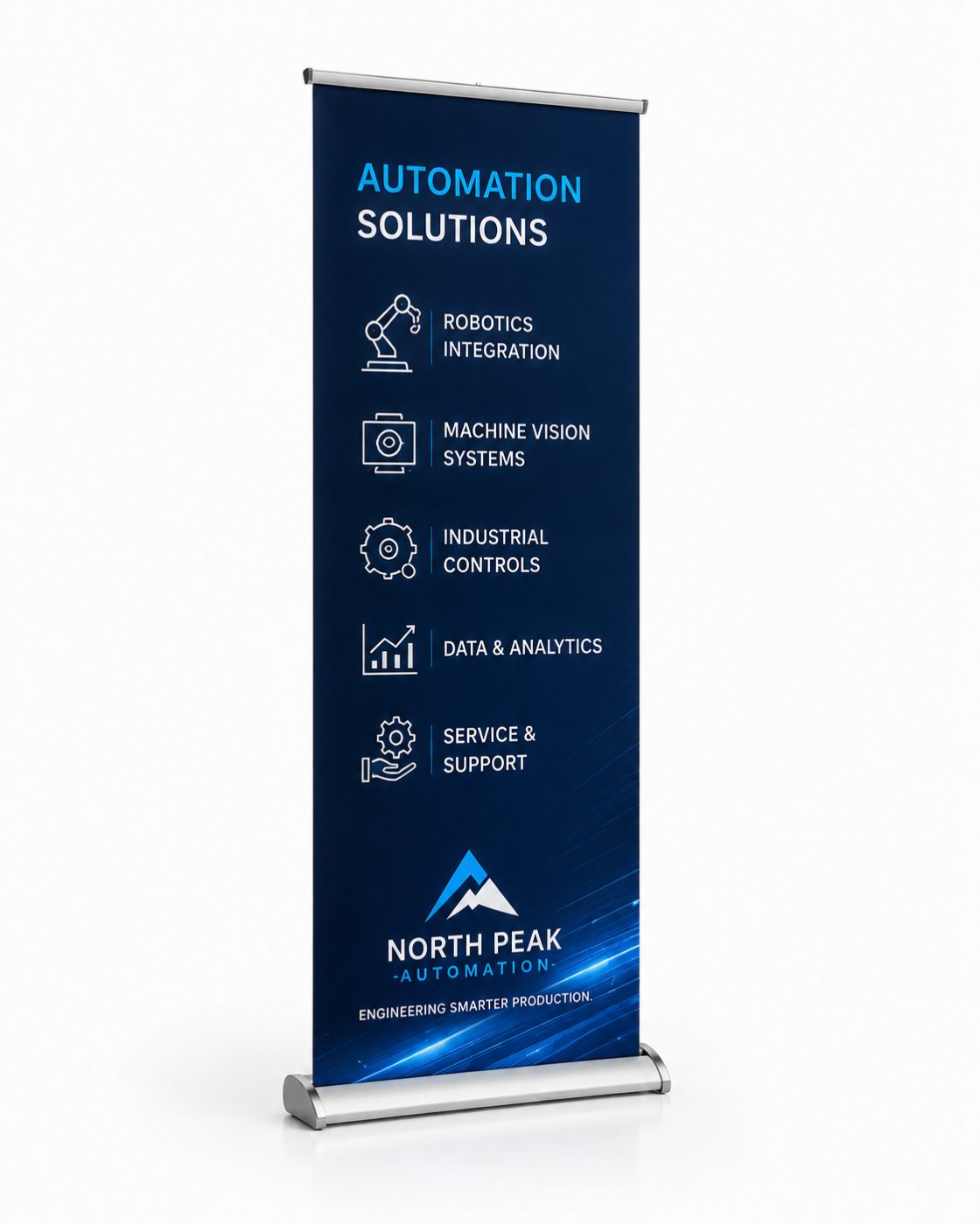 Retractable roll-up banner stand set up beside a registration table