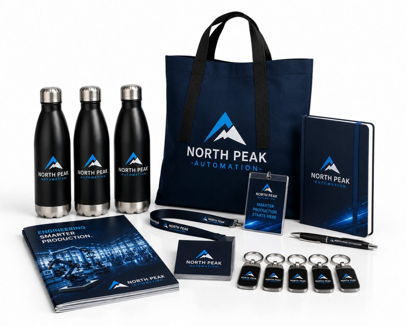 Branded promotional merchandise arranged on a trade show counter — totes, bottles, and pens