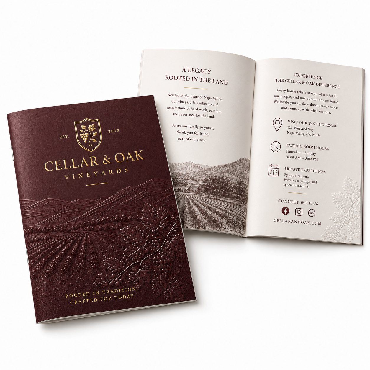 Saddle-stitched tasting menu booklet with a sculpted embossed cover and gold foil lettering