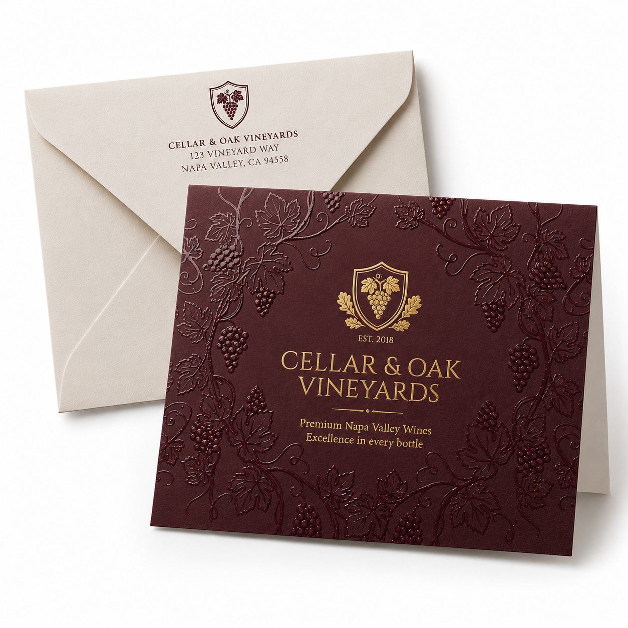 Foil-stamped card resting on its matching envelope under raking light