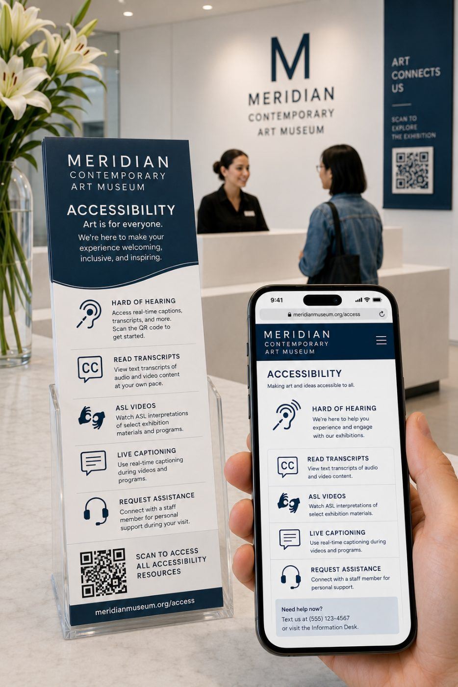 Printed panel with a QR code providing accessibility information on a phone
