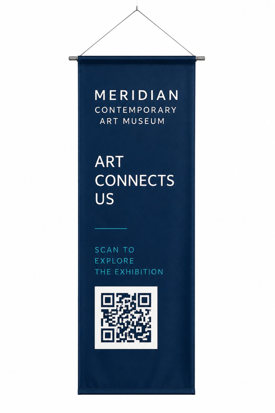 Sublimated fabric hanging banner in a gallery space