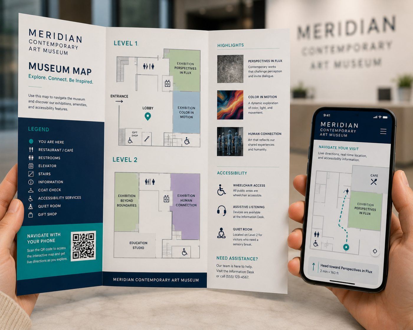 Printed visitor map with a QR code that opens a live mobile wayfinder