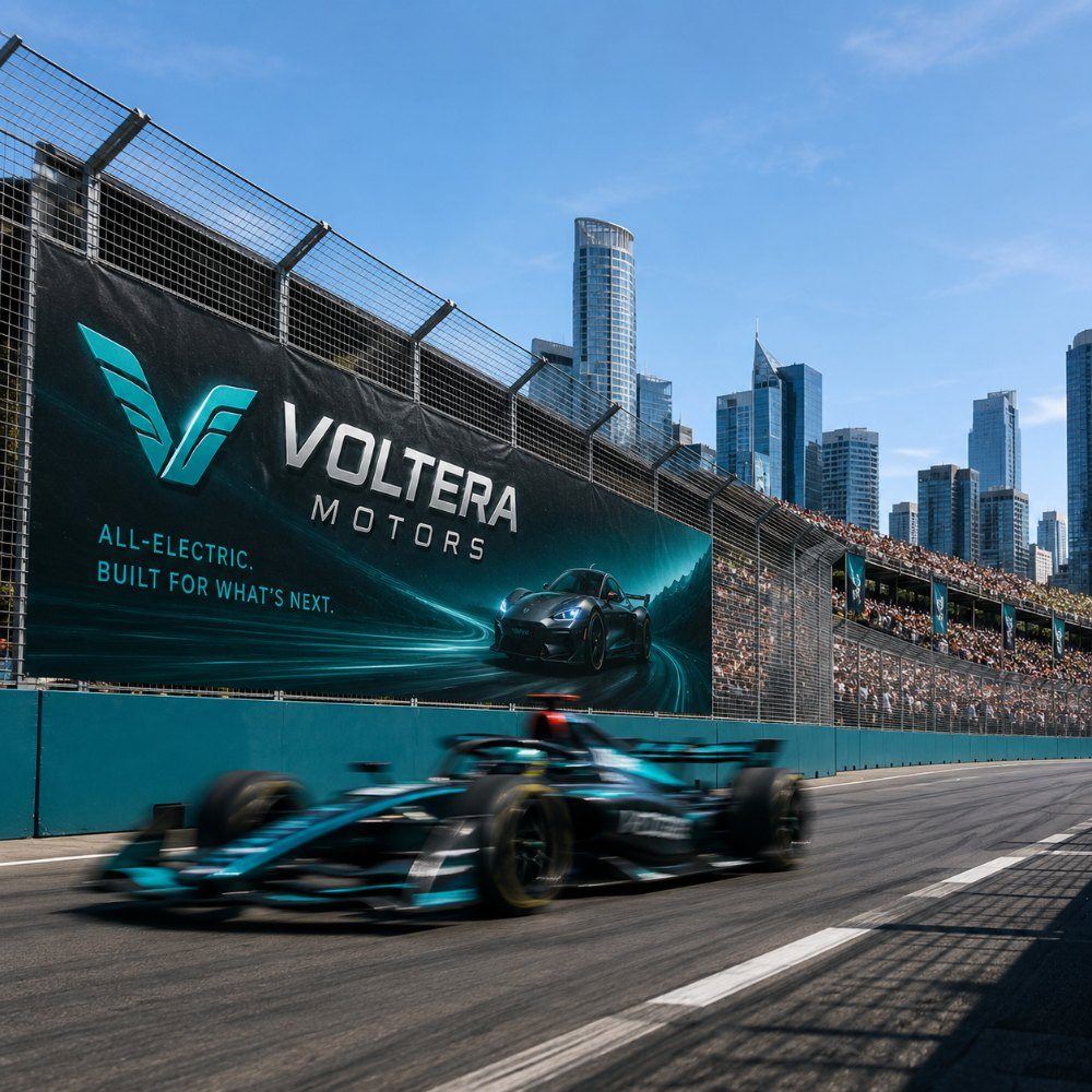 Grand-format exterior banner on a building facade with a single short headline