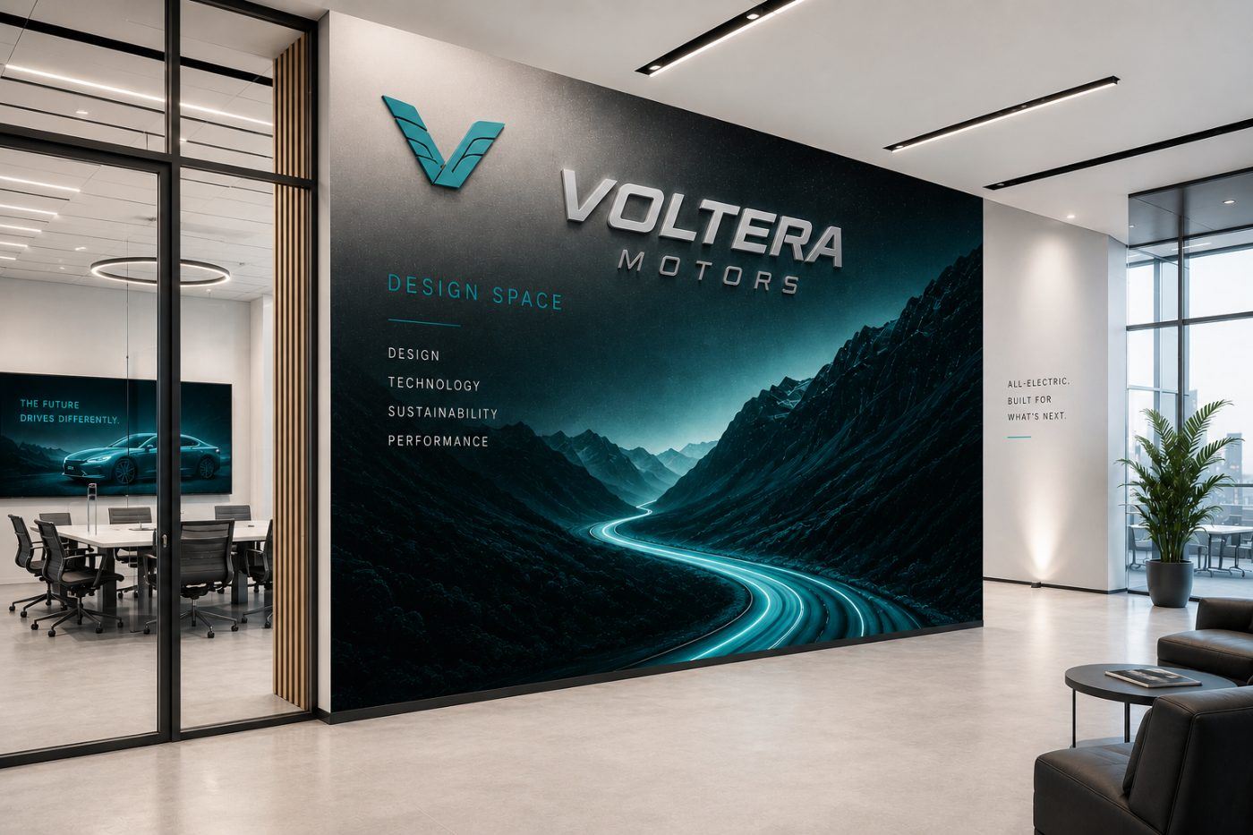 Large-scale environmental wall graphics installed in a showroom interior