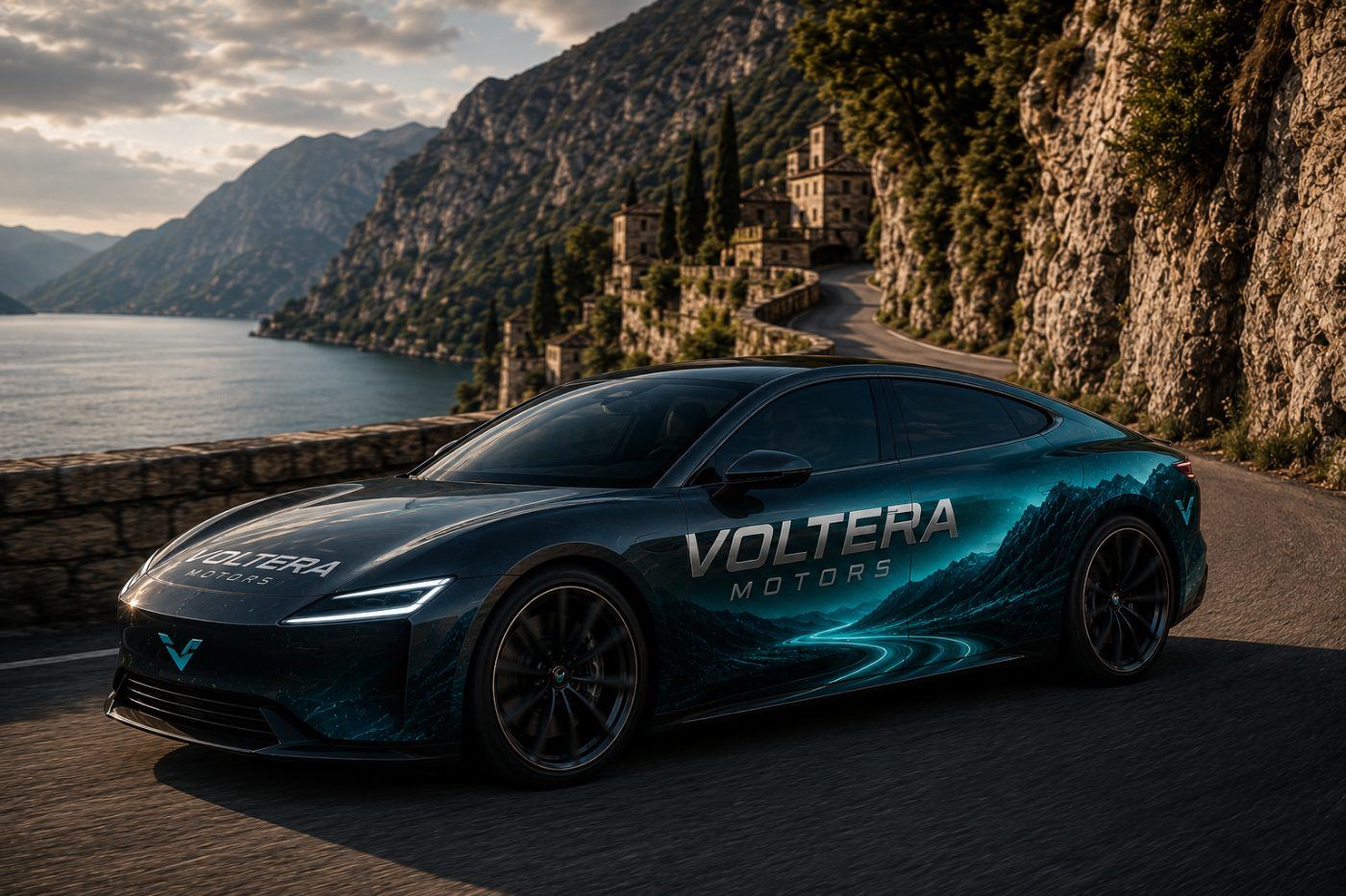 Full vehicle wrap on a Voltera Motors car parked outside the dealership